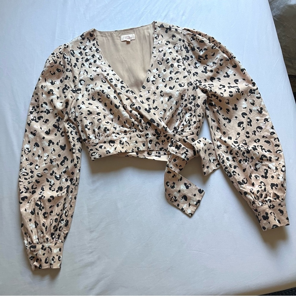 CAMILA COELHO peach nude orange leopard linen rayon elastane cropped wrap blouse